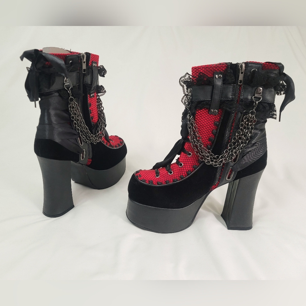 Demonia Red and Black Heeled Boots - Picture 3 of 6